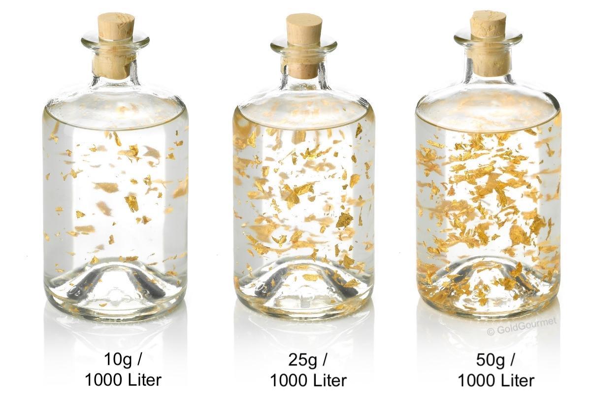 GoldGourmet Essbares Gold für die Spirituosen Industrie - Mischverhältnisse Flocke 1,5 - 10g, 25g, 50g auf 1000 Liter in Flaschen