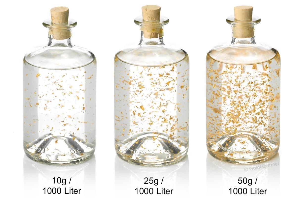GoldGourmet Essbares Gold für die Spirituosen Industrie - Mischverhältnisse Flocke 5 - 10g, 25g, 50g auf 1000 Liter in Flaschen
