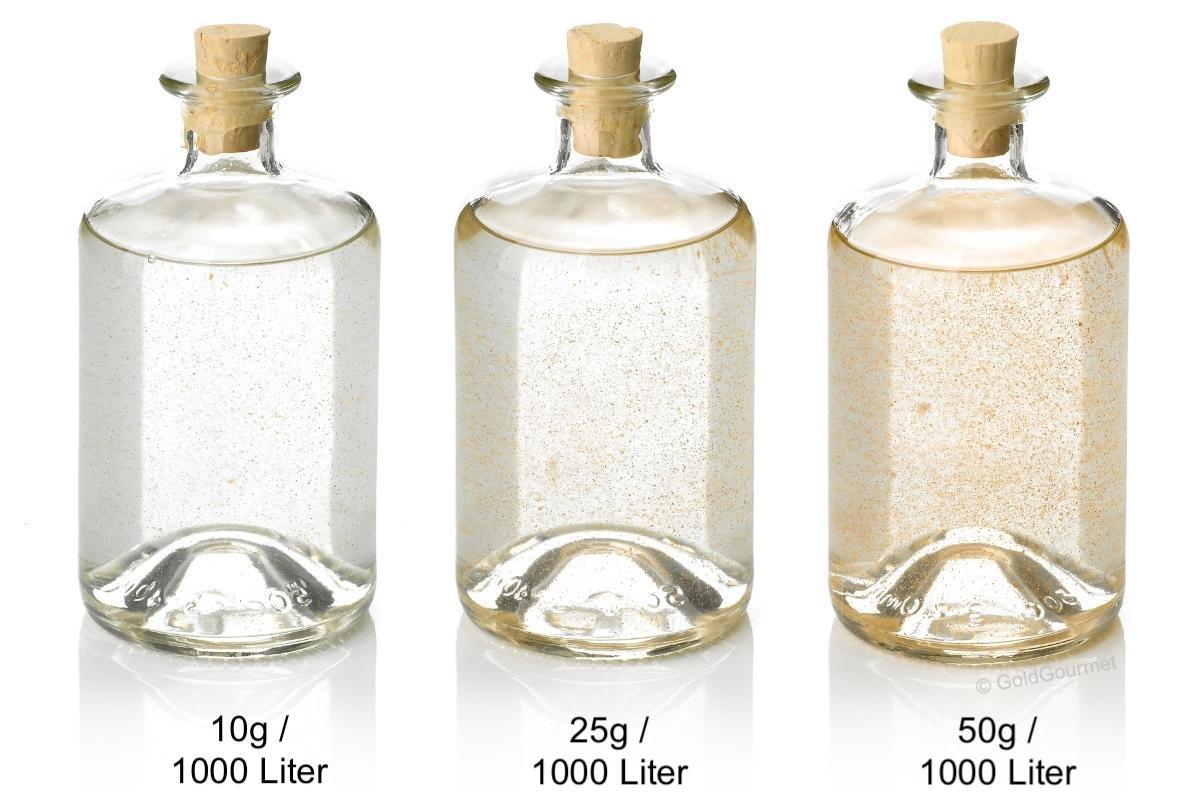 GoldGourmet Essbares Gold für die Spirituosen Industrie - Mischverhältnisse Pulver 7 - 10g, 25g, 50g auf 1000 Liter in Flaschen