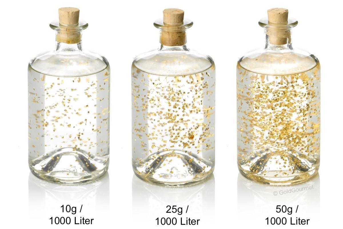 GoldGourmet Essbares Gold für die Spirituosen Industrie - Mischverhältnisse Quadratus 10g, 25g, 50g auf 1000 Liter in Flaschen